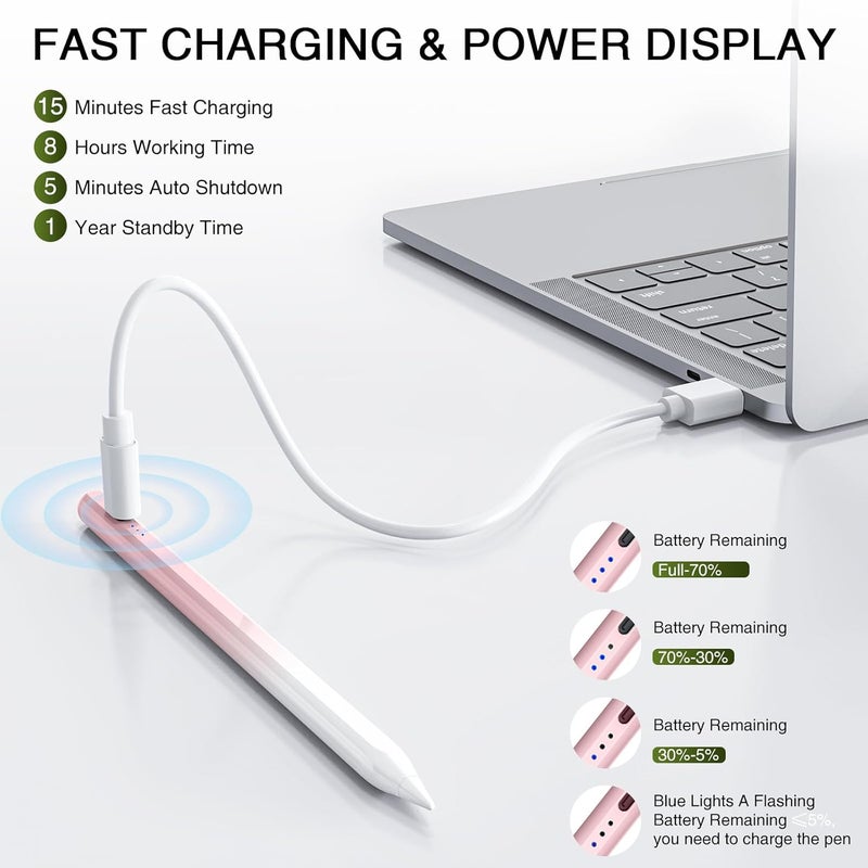 HATOKU Pen for iPad 2018-2025, 15 Mins Fast Charging Pencil 1st Generation with Tilt & Palm Rejection for iPad Air 3/4/5/M2/M3, iPad mini 5/6/7, iPad 6/7/8/9/10/11, iPad Pro 11/12.9/M4/M5 - Pink White - Image 3